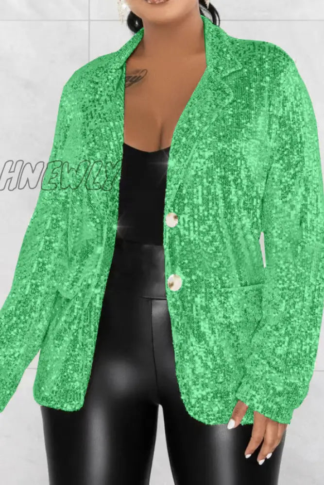 Hnewly - Silver Celebrities Solid Sequins Patchwork Turn-Back Collar Outerwear Coats Suits