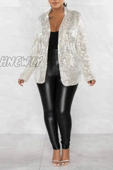 Hnewly - Silver Celebrities Solid Sequins Patchwork Turn-Back Collar Outerwear Coats Suits