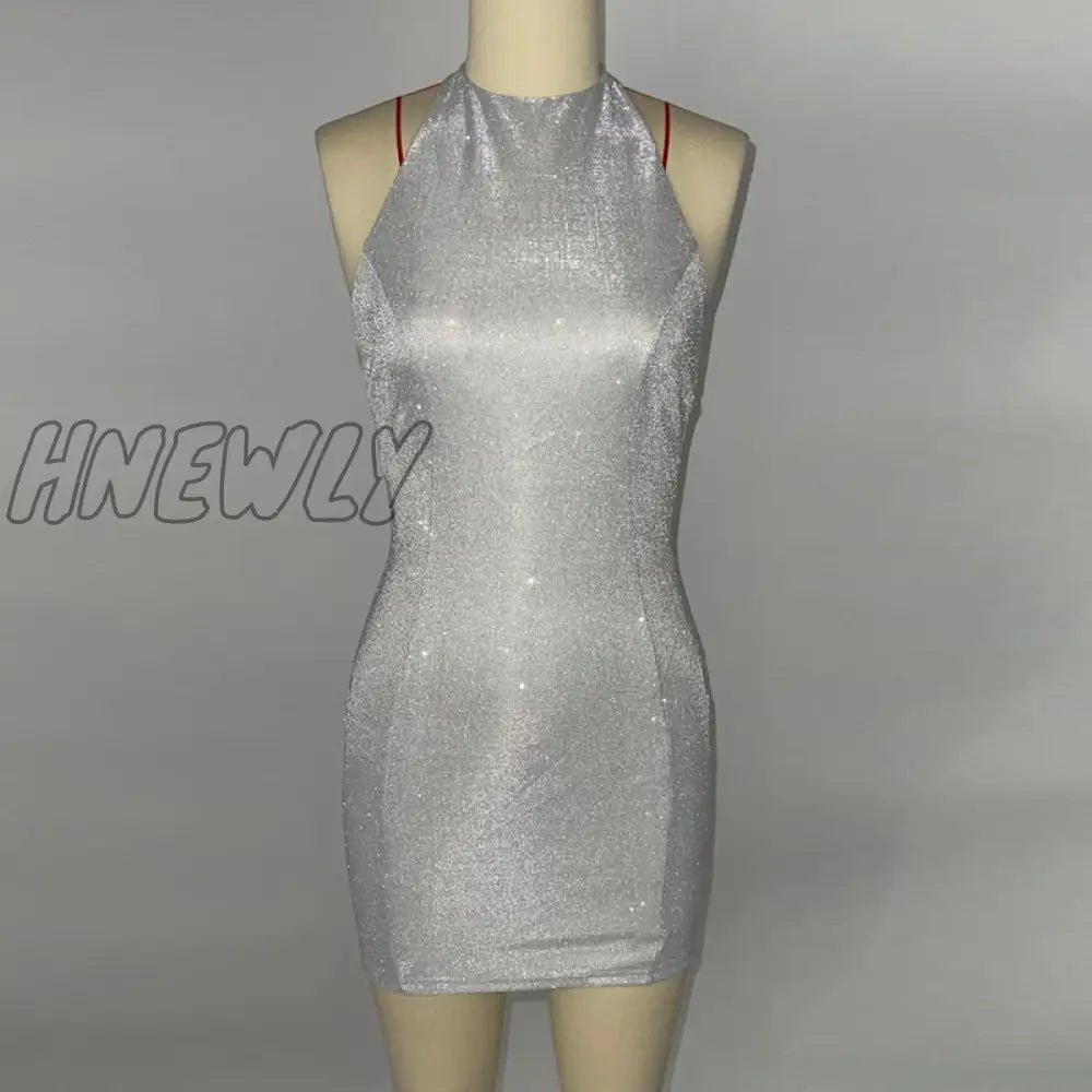 Hnewly Silver Shiny Halter Party Dress Women Sexy Sleeveless Slim Bodycon Mini Ladies Evening Night