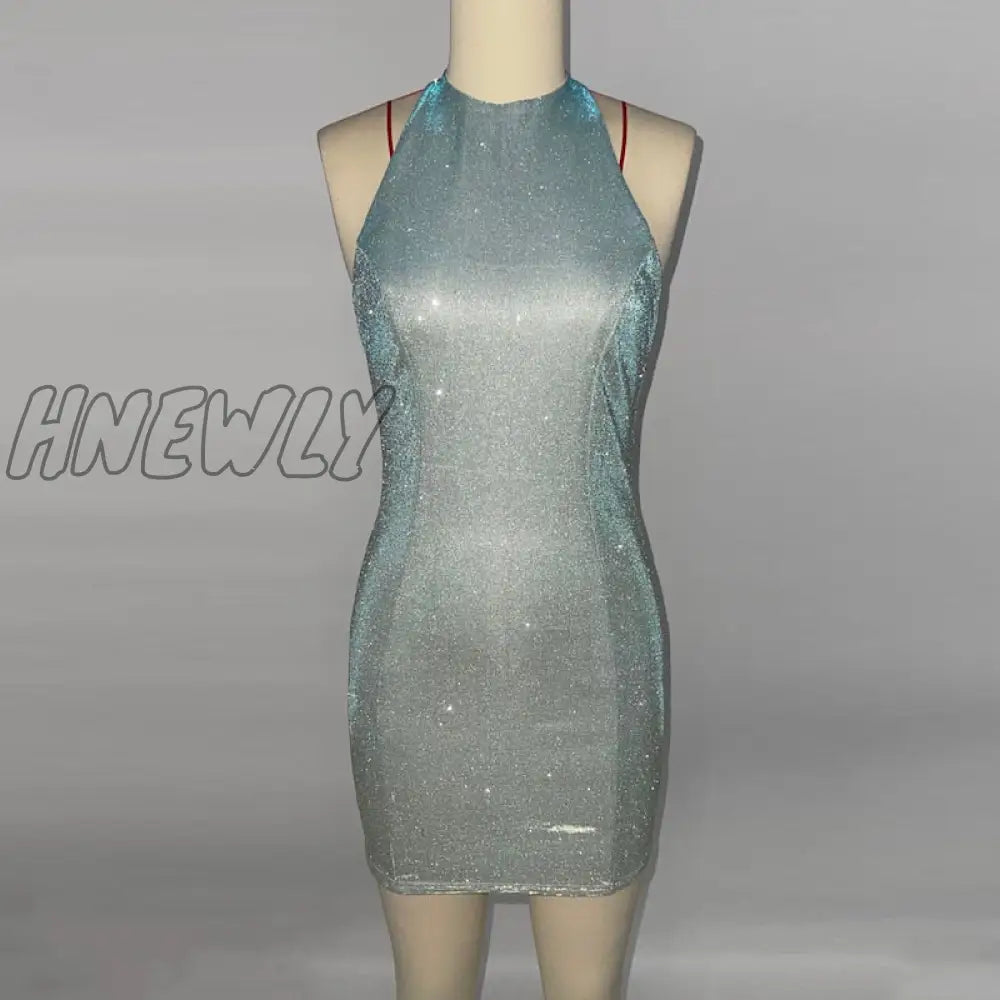 Hnewly Silver Shiny Halter Party Dress Women Sexy Sleeveless Slim Bodycon Mini Ladies Evening Night