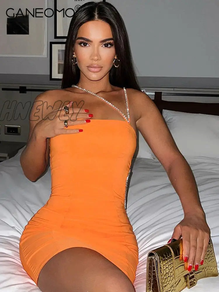 Hnewly Sleeveless Diamonds Chain Cut Out Mini Slip Prom Dress Sexy Bodycon Summer Women Club