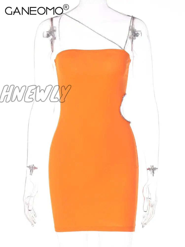 Hnewly Sleeveless Diamonds Chain Cut Out Mini Slip Prom Dress Sexy Bodycon Summer Women Club