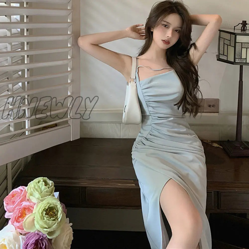 Hnewly Sleeveless Dresses Women Solid Folds Mid-Calf Fashion Casual Sexy Side Slit Elegant Sweet
