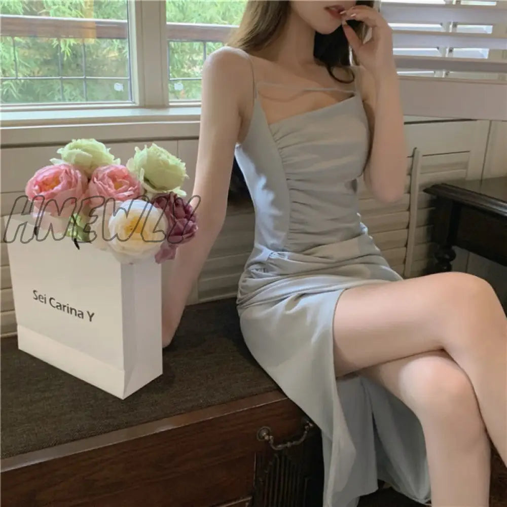 Hnewly Sleeveless Dresses Women Solid Folds Mid-Calf Fashion Casual Sexy Side Slit Elegant Sweet