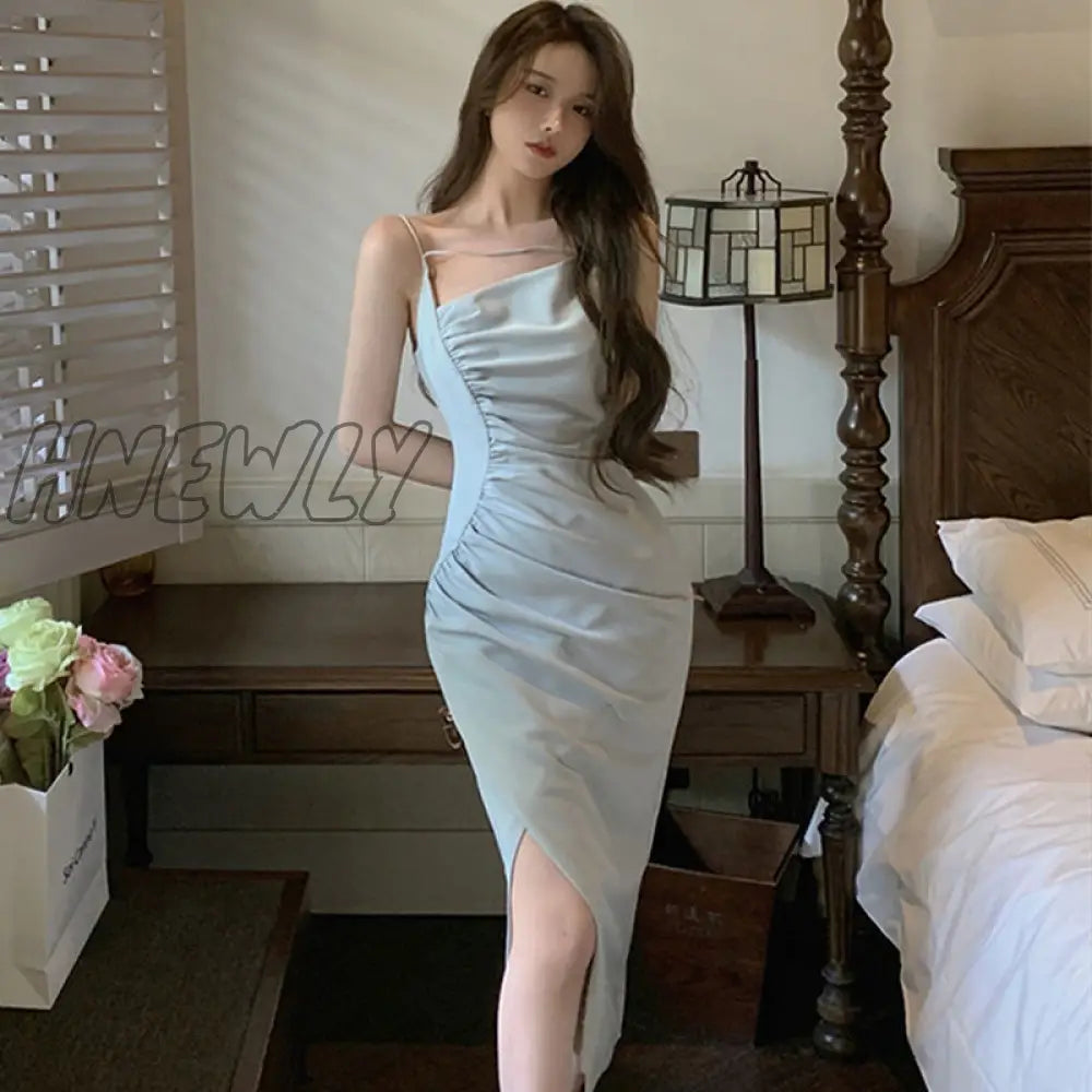 Hnewly Sleeveless Dresses Women Solid Folds Mid-Calf Fashion Casual Sexy Side Slit Elegant Sweet