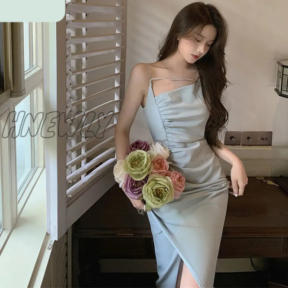 Hnewly Sleeveless Dresses Women Solid Folds Mid-Calf Fashion Casual Sexy Side Slit Elegant Sweet