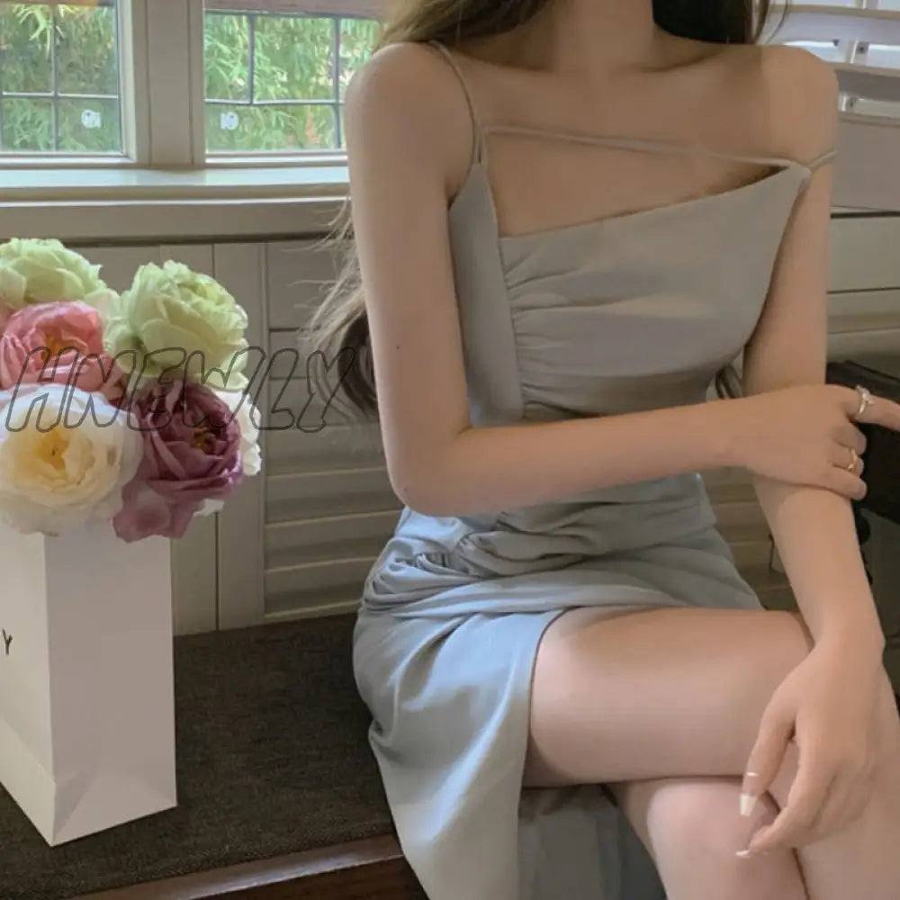 Hnewly Sleeveless Dresses Women Solid Folds Mid-Calf Fashion Casual Sexy Side Slit Elegant Sweet