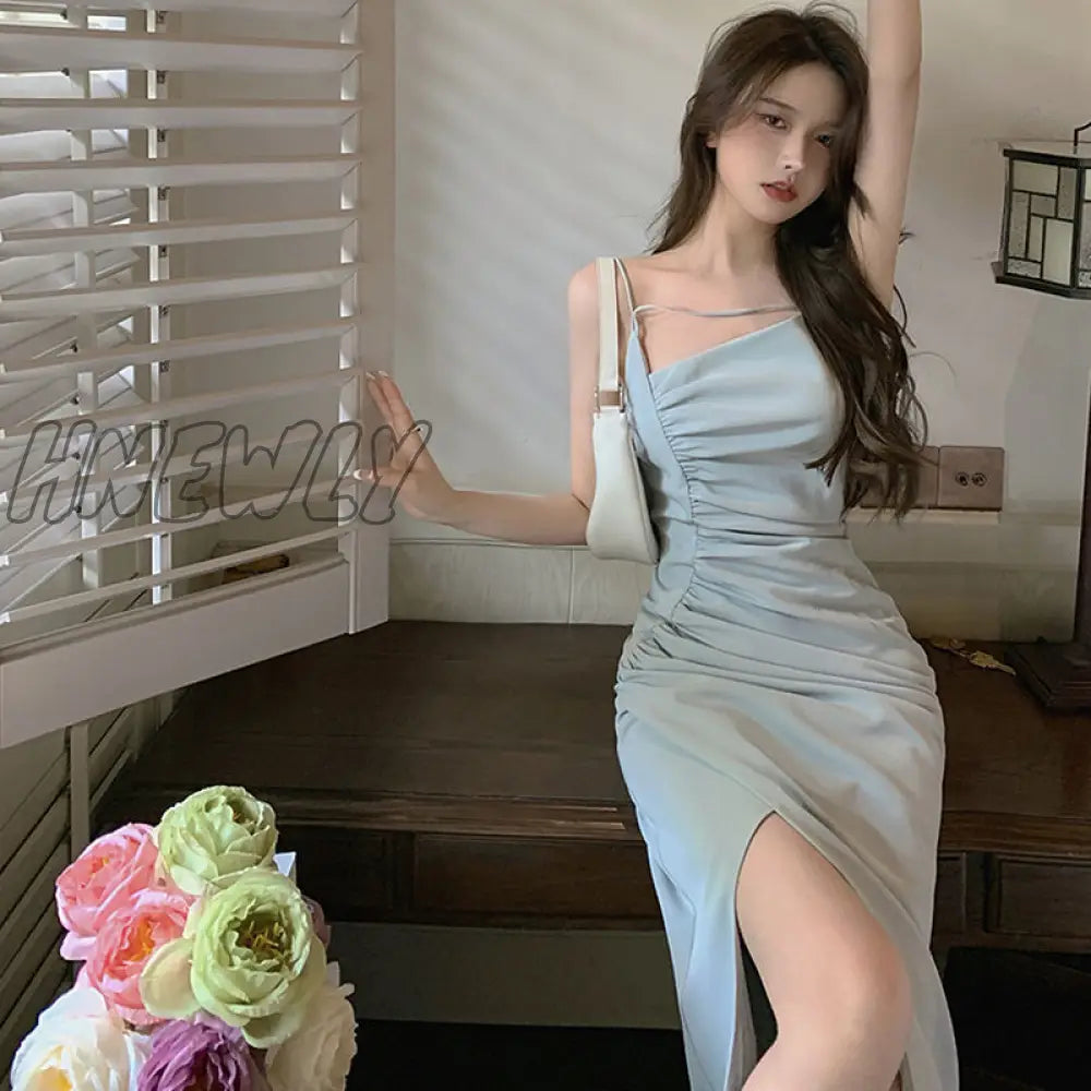 Hnewly Sleeveless Dresses Women Solid Folds Mid-Calf Fashion Casual Sexy Side Slit Elegant Sweet
