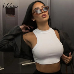Hnewly Sleeveless Rib Knit White Casual Tank Top Women’s Summer Fitness Slim Cotton Crop Tops