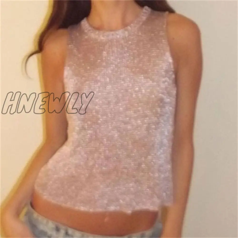 Hnewly Sliver Women’s Sleeveless Slim Fit Tank Tops Casual See-Through Top Vest Corect Sequin