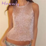 Hnewly Sliver Women’s Sleeveless Slim Fit Tank Tops Casual See-Through Top Vest Corect Sequin