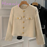 Hnewly Small Fragrance Tweed Jacket Coat Women Single Breasted Woolen Short Coats New Autumn Winter