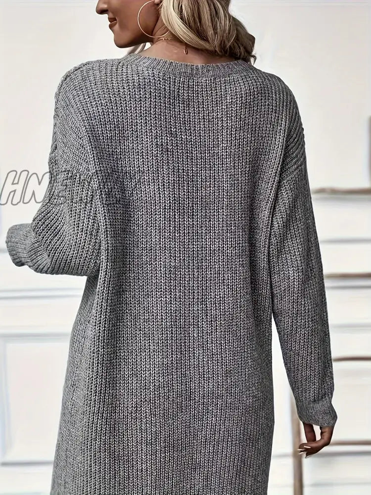 Hnewly Solid Knitted Crew Neck Dress Casual Asymmetrical Hem Long Sleeve Women’s Clothing