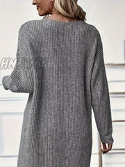 Hnewly Solid Knitted Crew Neck Dress Casual Asymmetrical Hem Long Sleeve Women’s Clothing