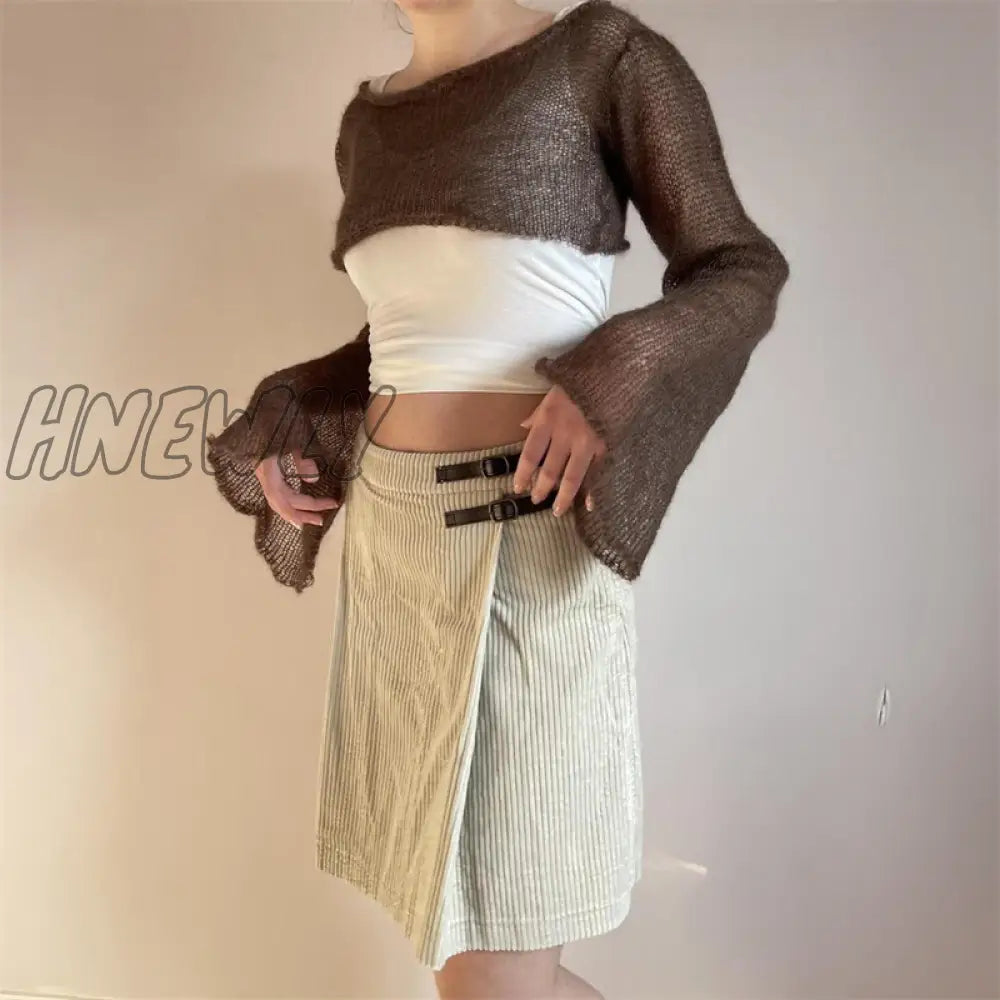 Hnewly Solid Knitted Crop Top Sun Protetcion Breathable Y2K T Shirt O Neck Long Sleeve Smock Retro