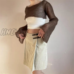 Hnewly Solid Knitted Crop Top Sun Protetcion Breathable Y2K T Shirt O Neck Long Sleeve Smock Retro