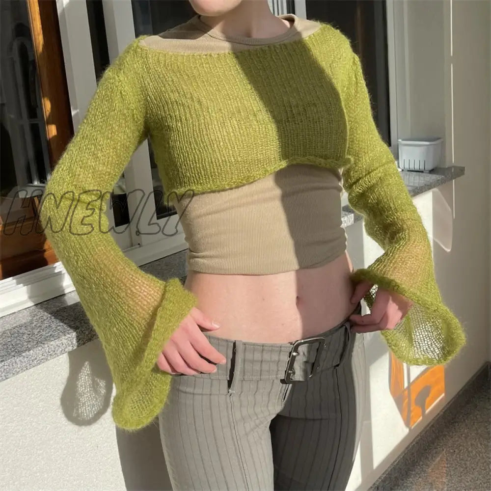 Hnewly Solid Knitted Crop Top Sun Protetcion Breathable Y2K T Shirt O Neck Long Sleeve Smock Retro