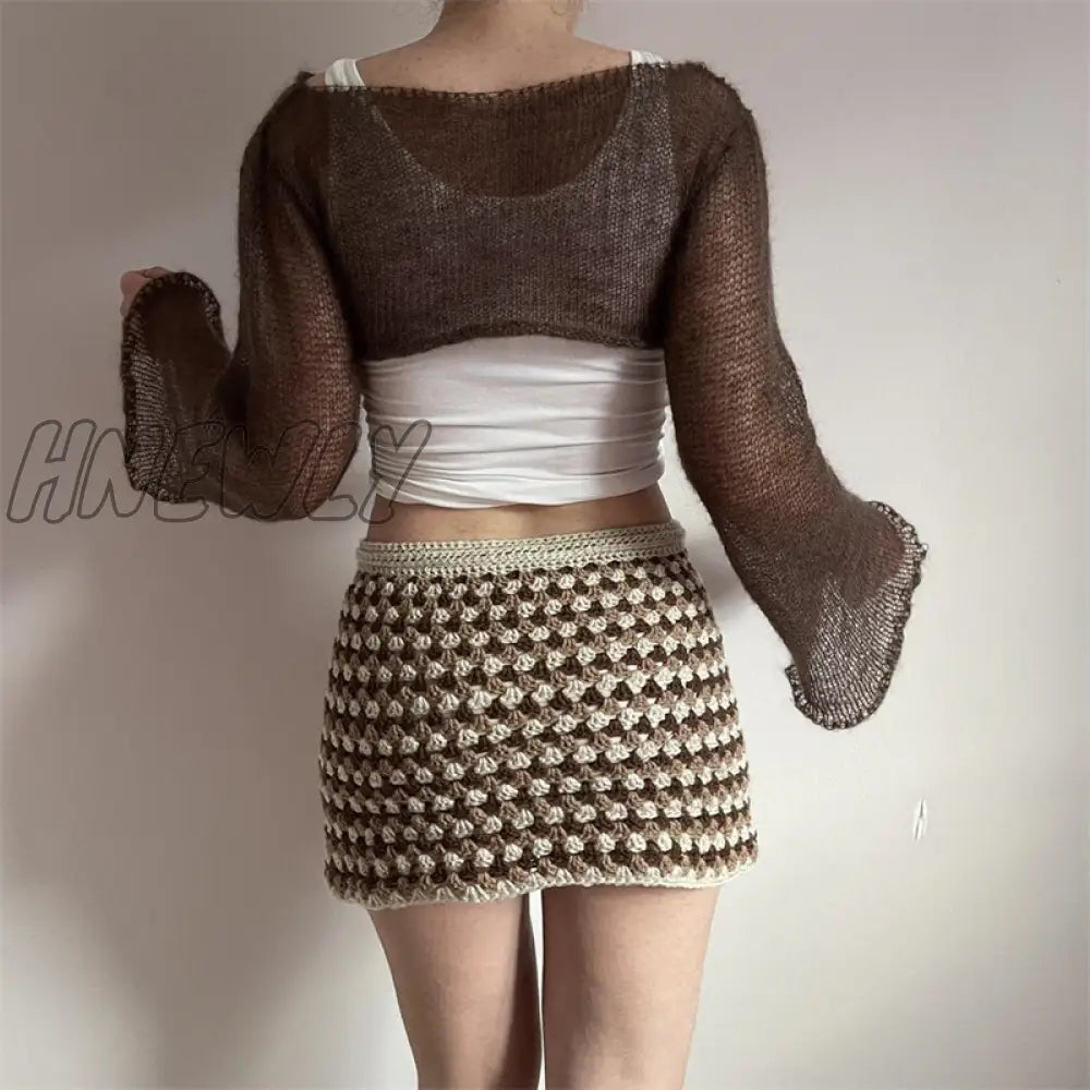 Hnewly Solid Knitted Crop Top Sun Protetcion Breathable Y2K T Shirt O Neck Long Sleeve Smock Retro