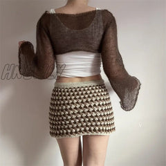 Hnewly Solid Knitted Crop Top Sun Protetcion Breathable Y2K T Shirt O Neck Long Sleeve Smock Retro