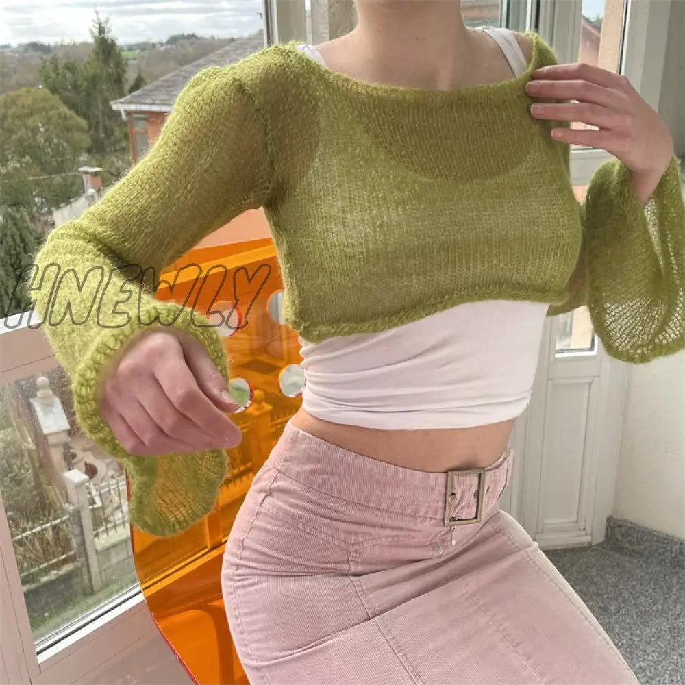 Hnewly Solid Knitted Crop Top Sun Protetcion Breathable Y2K T Shirt O Neck Long Sleeve Smock Retro