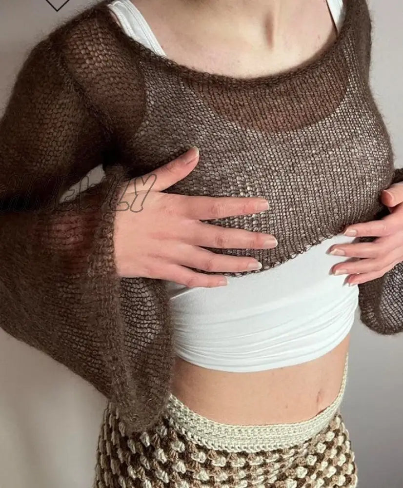 Hnewly Solid Knitted Crop Top Sun Protetcion Breathable Y2K T Shirt O Neck Long Sleeve Smock Retro