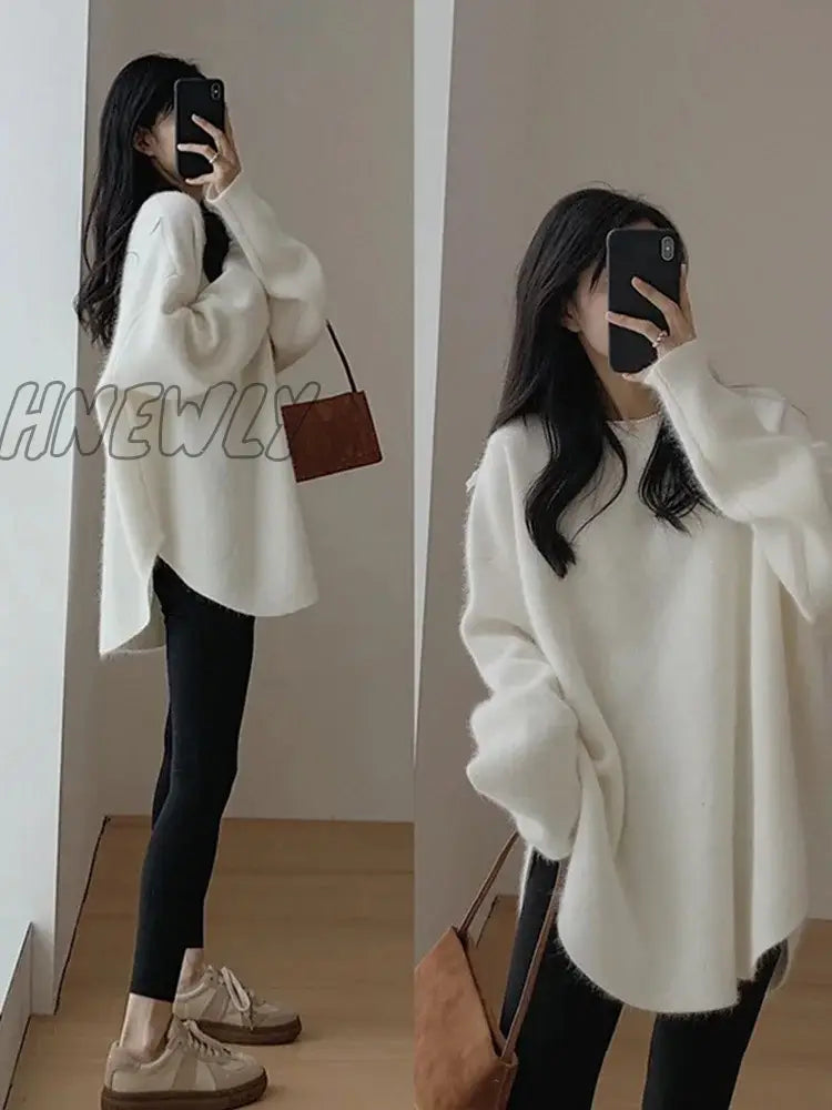 Hnewly Solid Knitted Sweater Women Split Oversized O-Neck Casual All-Match Pullover Female Long