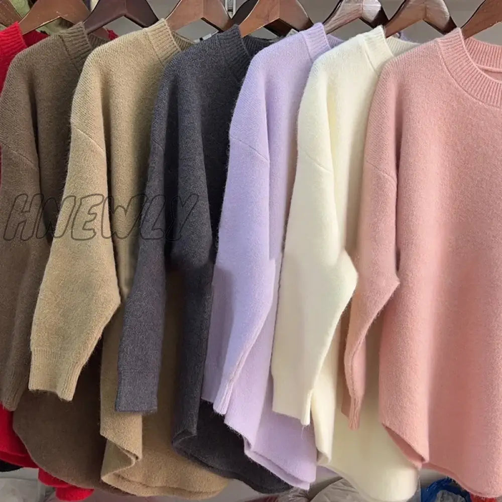 Hnewly Solid Knitted Sweater Women Split Oversized O-Neck Casual All-Match Pullover Female Long