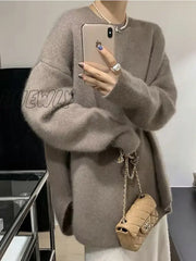 Hnewly Solid Knitted Sweater Women Split Oversized O-Neck Casual All-Match Pullover Female Long