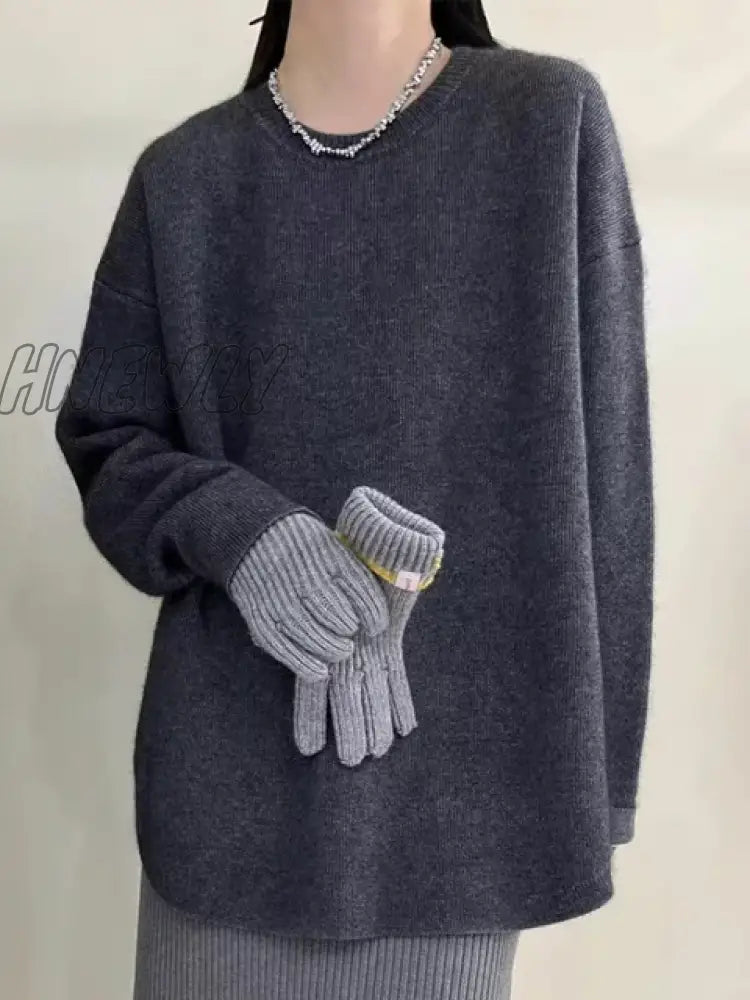 Hnewly Solid Knitted Sweater Women Split Oversized O-Neck Casual All-Match Pullover Female Long