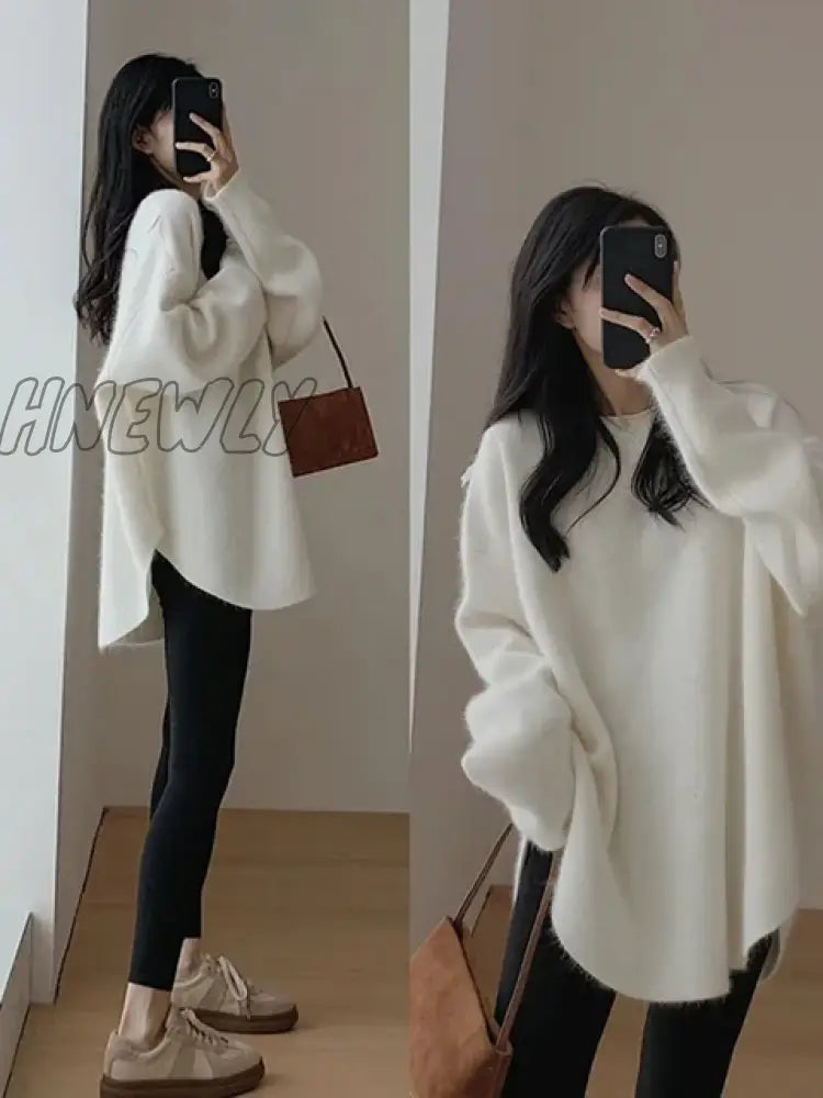 Hnewly Solid Knitted Sweater Women Split Oversized O-Neck Casual All-Match Pullover Female Long