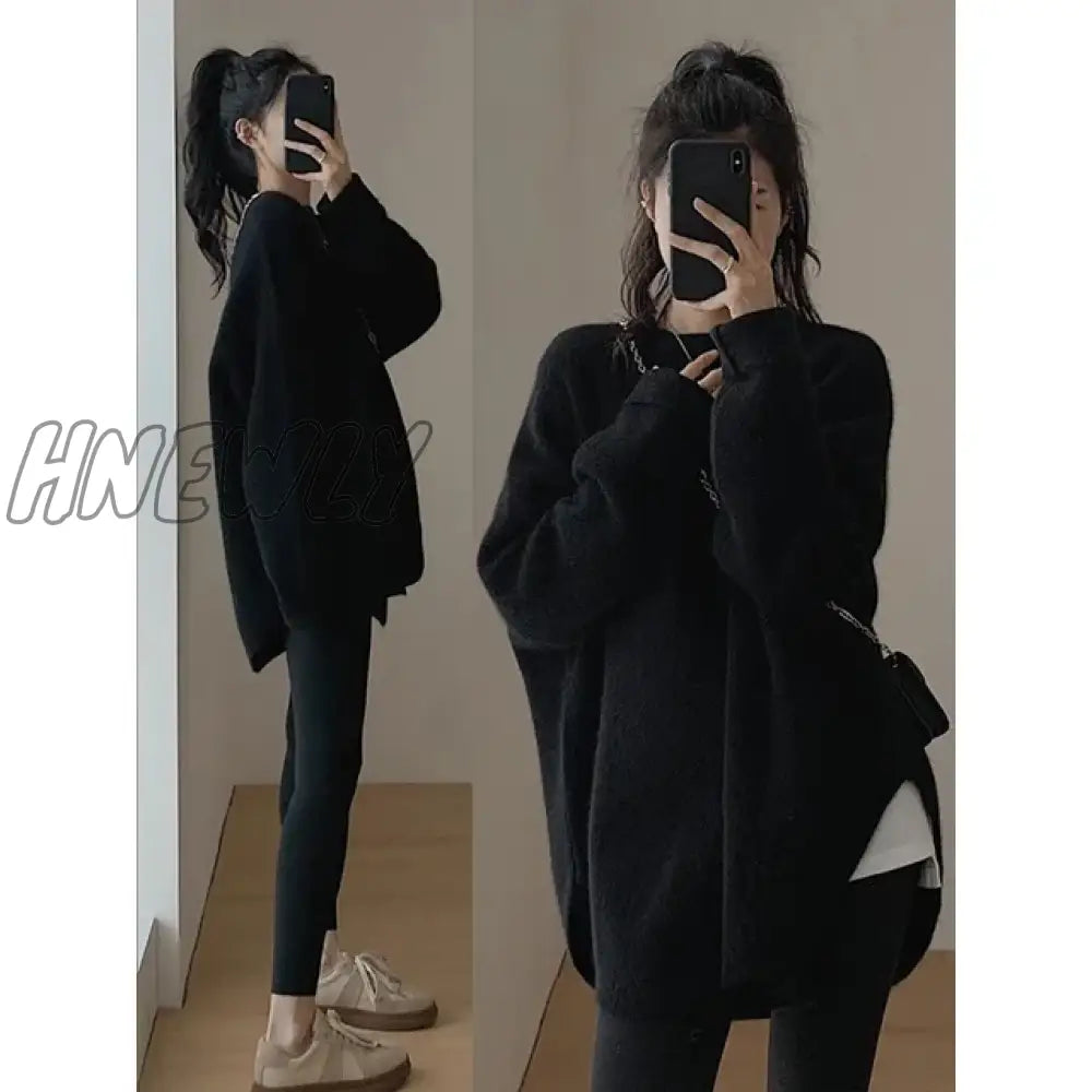 Hnewly Solid Knitted Sweater Women Split Oversized O-Neck Casual All-Match Pullover Female Long