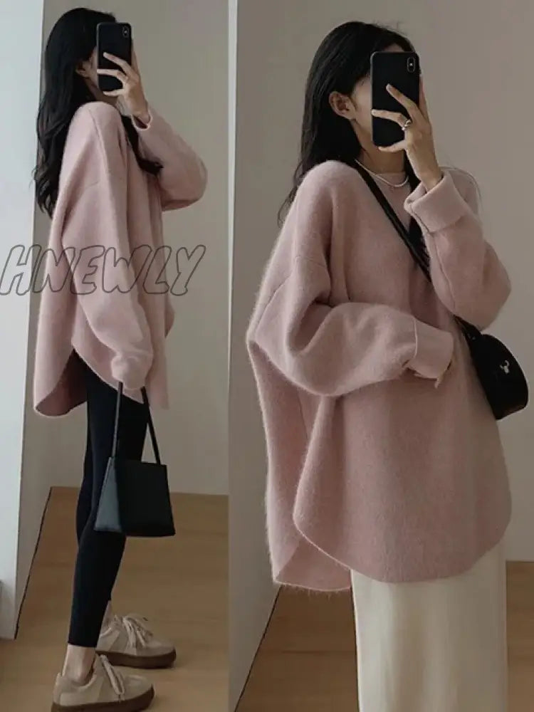Hnewly Solid Knitted Sweater Women Split Oversized O-Neck Casual All-Match Pullover Female Long