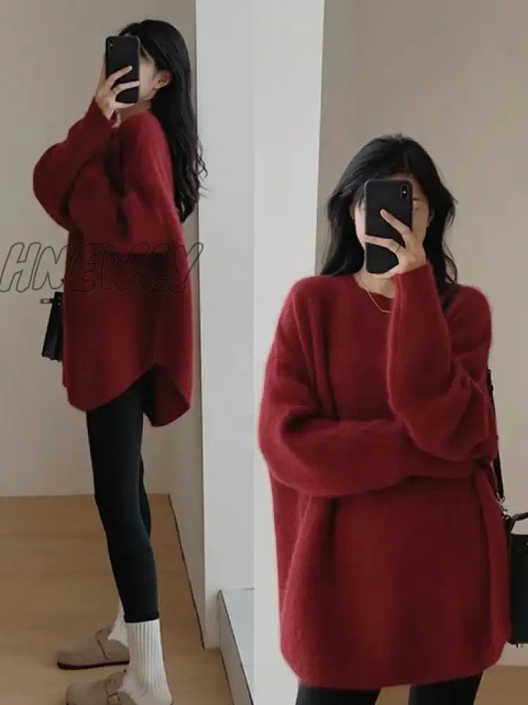Hnewly Solid Knitted Sweater Women Split Oversized O-Neck Casual All-Match Pullover Female Long
