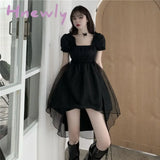 Hnewly Solid Mini Dresses Women Black Mesh Irregular Slim Square Collar Puff Sleeves Ruffles Korean