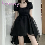 Hnewly Solid Mini Dresses Women Black Mesh Irregular Slim Square Collar Puff Sleeves Ruffles Korean