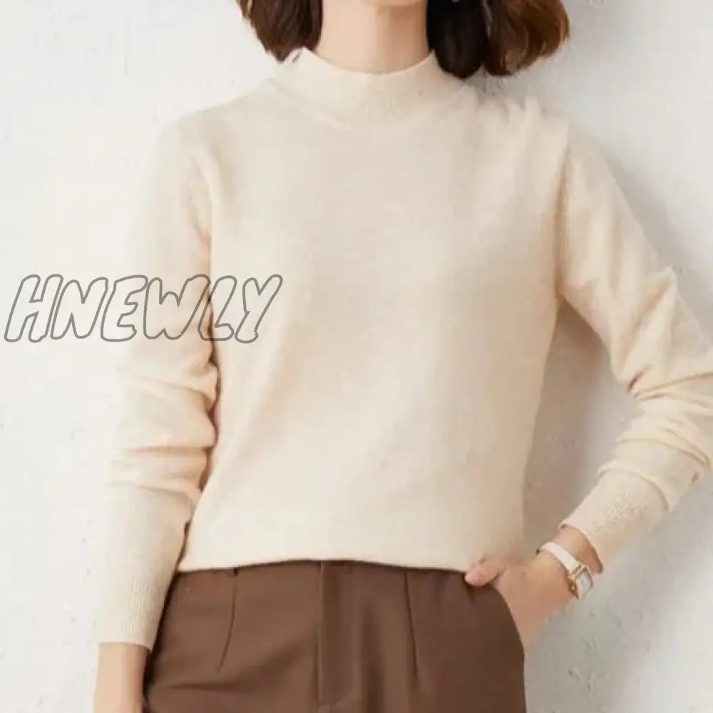 Hnewly Solid Mock Neck Cashmere Sweater Female Autumn Winter Loose Plus-Size Knitted Wool Bottoming