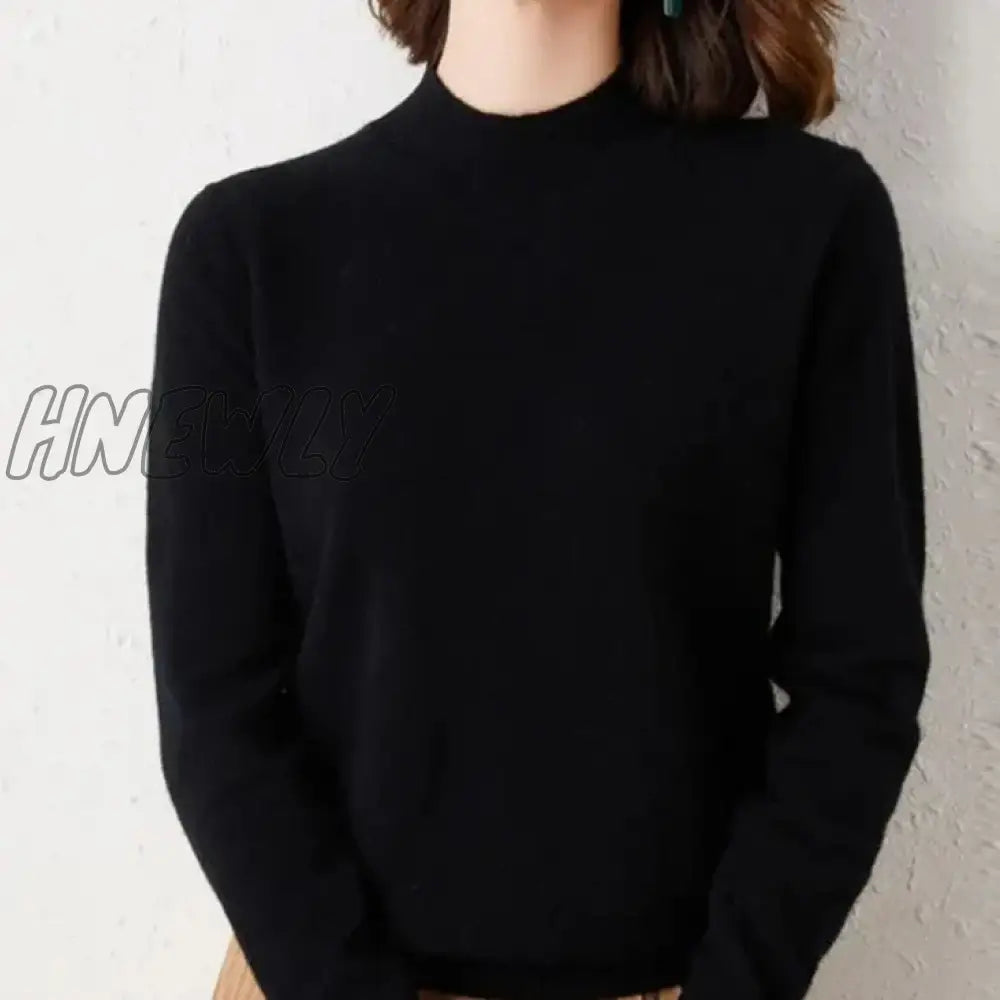 Hnewly Solid Mock Neck Cashmere Sweater Female Autumn Winter Loose Plus-Size Knitted Wool Bottoming