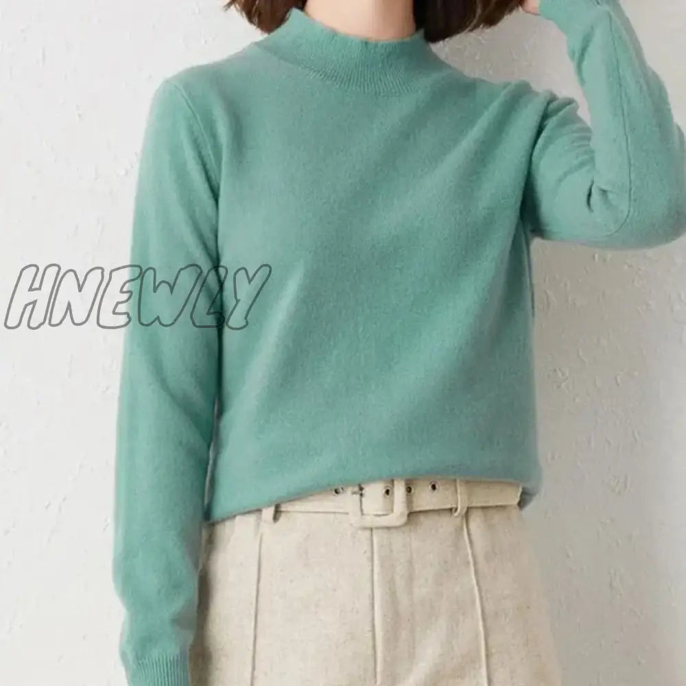 Hnewly Solid Mock Neck Cashmere Sweater Female Autumn Winter Loose Plus-Size Knitted Wool Bottoming