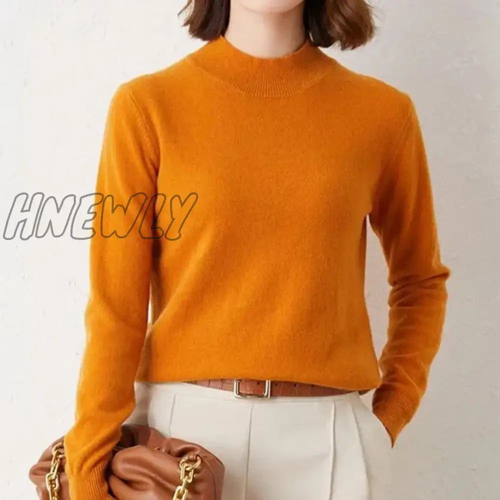 Hnewly Solid Mock Neck Cashmere Sweater Female Autumn Winter Loose Plus-Size Knitted Wool Bottoming