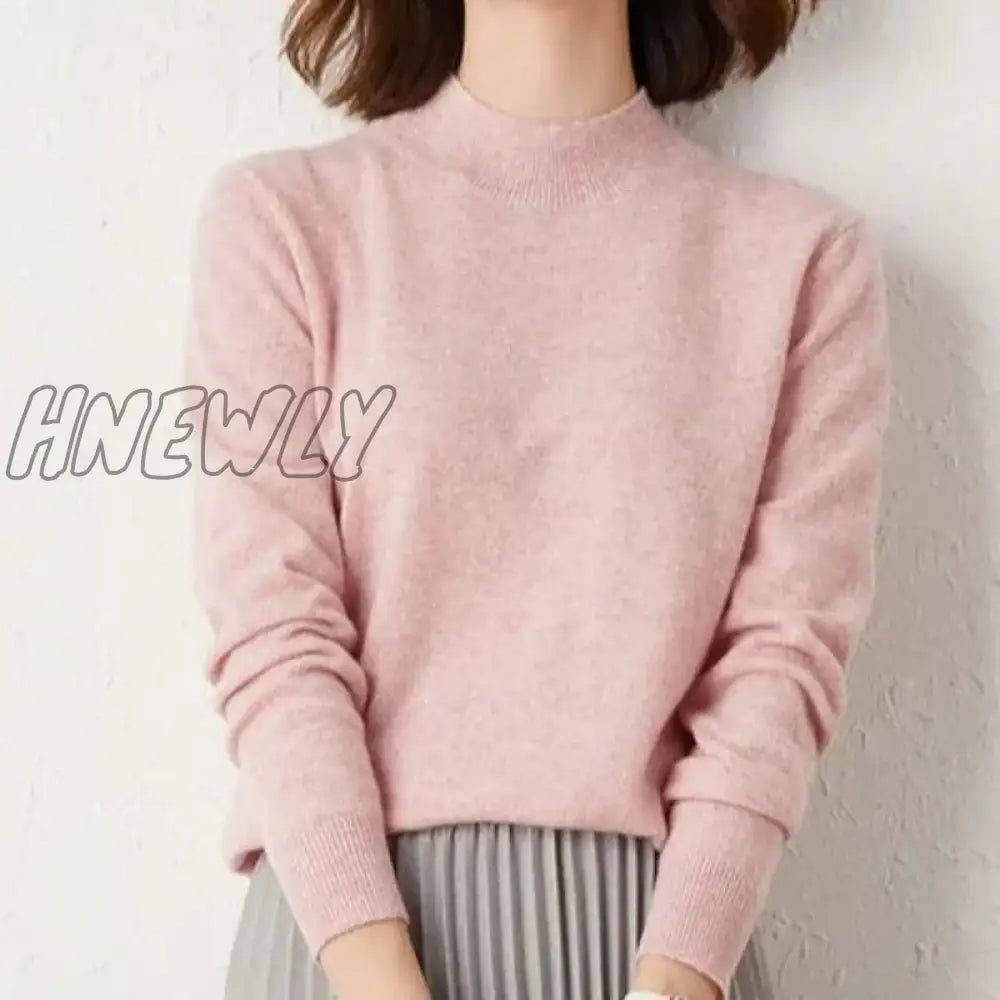 Hnewly Solid Mock Neck Cashmere Sweater Female Autumn Winter Loose Plus-Size Knitted Wool Bottoming