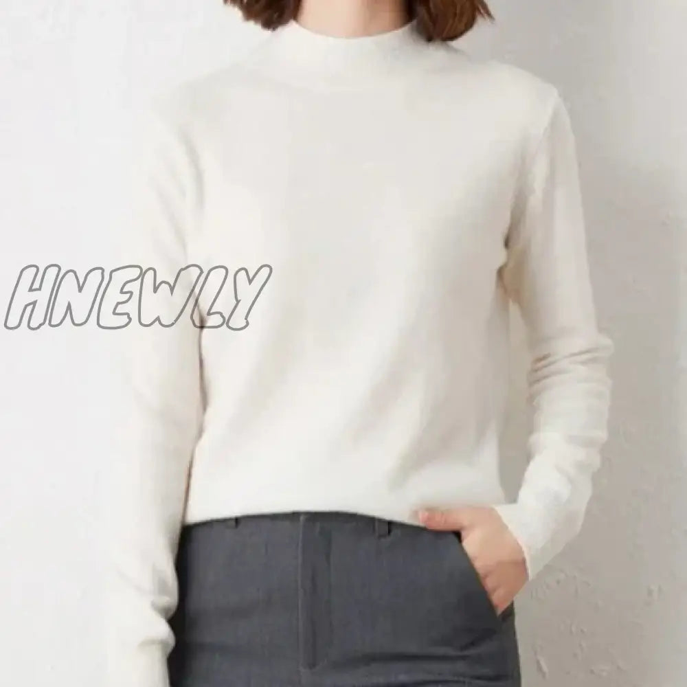 Hnewly Solid Mock Neck Cashmere Sweater Female Autumn Winter Loose Plus-Size Knitted Wool Bottoming