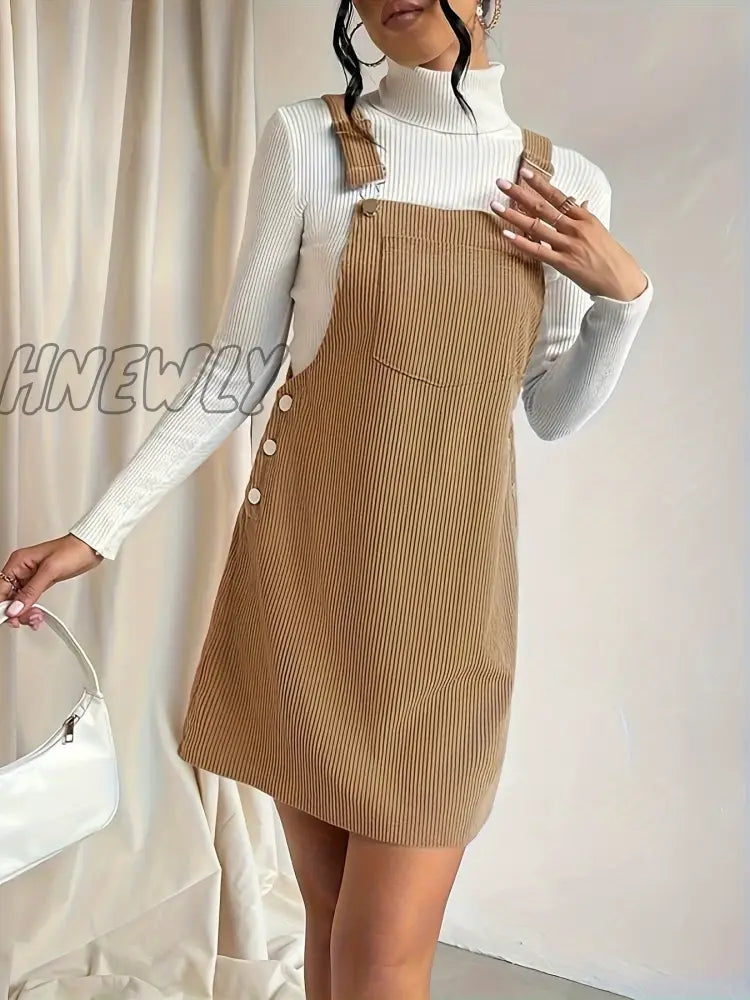 Hnewly Solid Pocket Front Overall Dress Elegant Sleeveless With Buttons Women’s Clothing