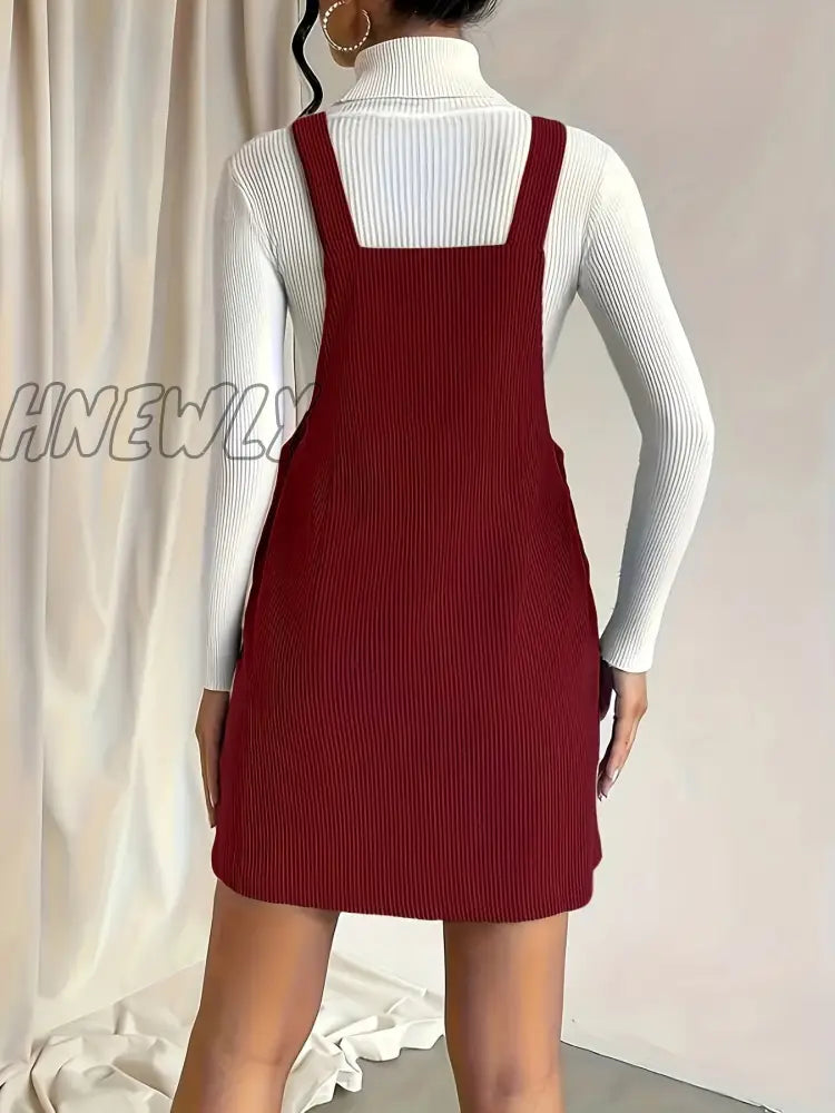 Hnewly Solid Pocket Front Overall Dress Elegant Sleeveless With Buttons Women’s Clothing