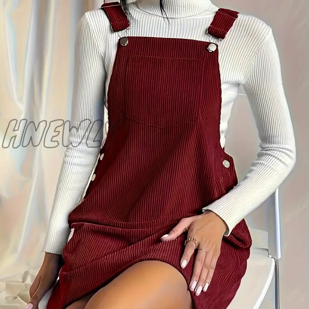 Hnewly Solid Pocket Front Overall Dress Elegant Sleeveless With Buttons Women’s Clothing Burgundy