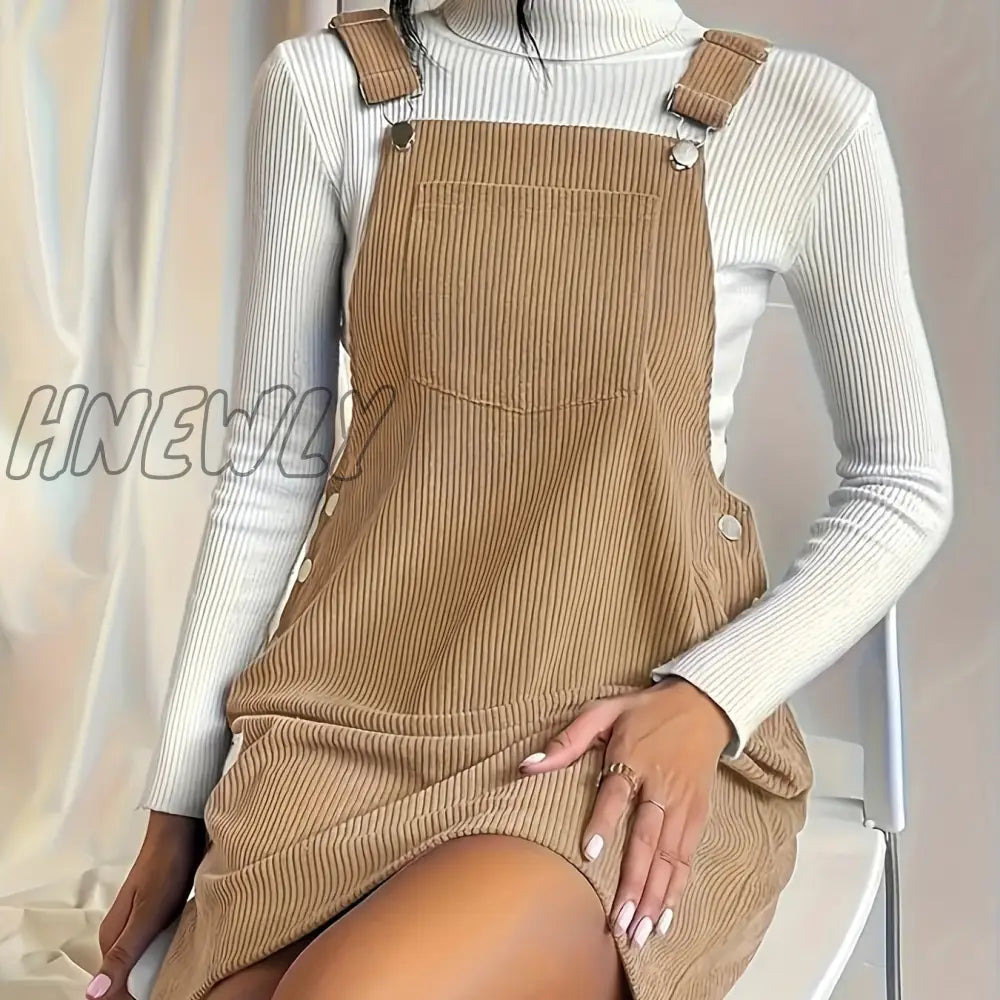Hnewly Solid Pocket Front Overall Dress Elegant Sleeveless With Buttons Women’s Clothing Khaki /