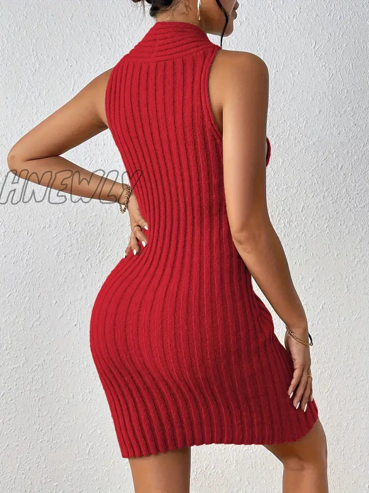 Hnewly Solid Ribbed Sweater Dress Sexy Cut Out Sleeveless Bodycon Women’s Clothing