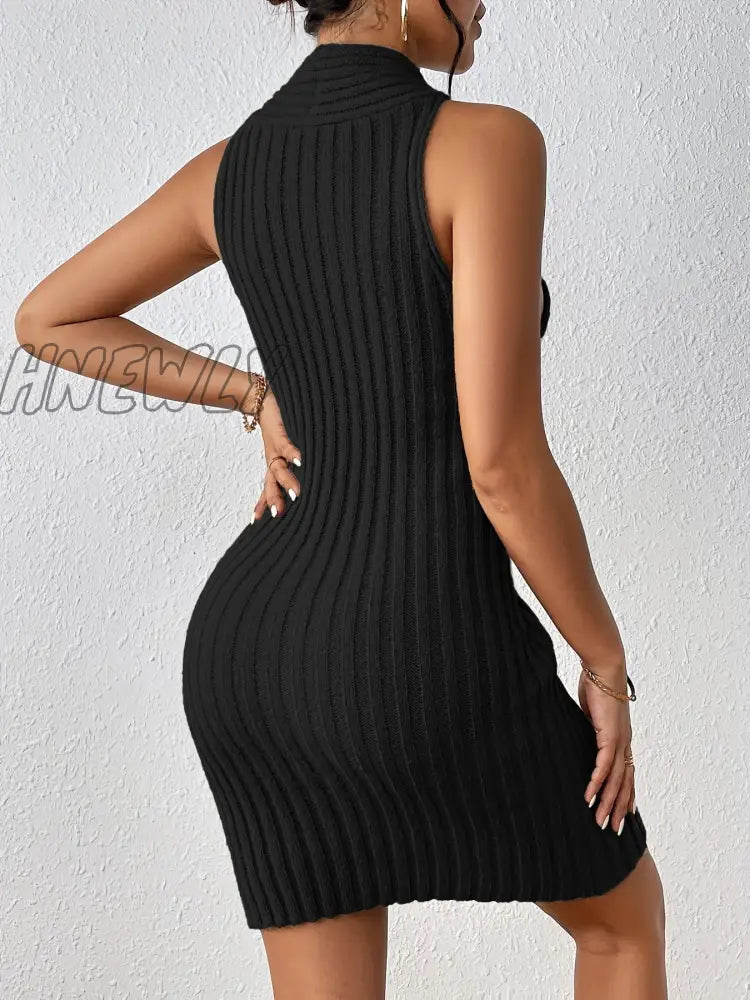 Hnewly Solid Ribbed Sweater Dress Sexy Cut Out Sleeveless Bodycon Women’s Clothing