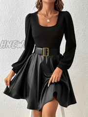 Hnewly Solid Scoop Neck Mini Dress Casual Long Sleeve Slim Women’s Clothing