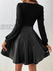 Hnewly Solid Scoop Neck Mini Dress Casual Long Sleeve Slim Women’s Clothing