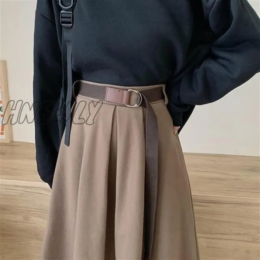 Hnewly Solid Skirts Women Mid-Calf High Waist Friends Korean Style Elegant College Spring Autumn